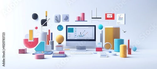 Colorful 3D Geometric Shapes and Charts Surrounding a Computer Monitor