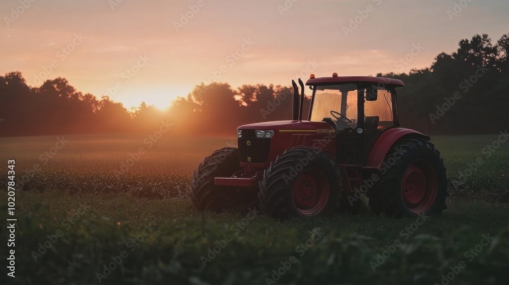 Fototapeta premium Red Tractor at Sunset