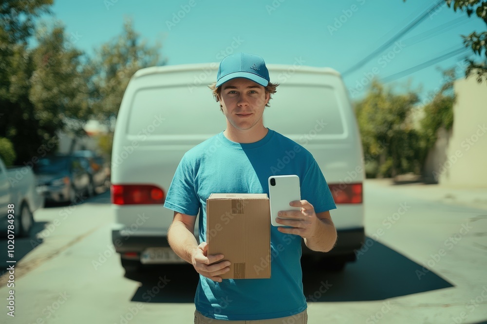 delivery person holding package and smartphone delivery person holding package and smartphone