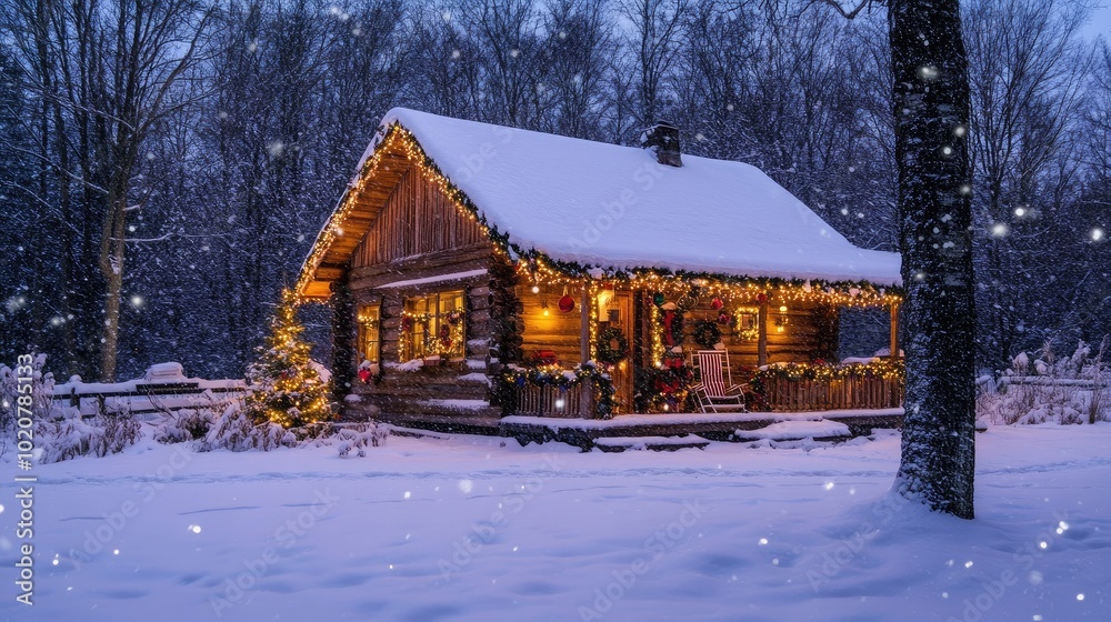 A snow-covered cabin with twinkling lights and Christmas decorations, evoking happiness and the joy of new beginnings. A snow-covered cabin with twinkling lights and Christmas decorations, evoking happiness and the joy of new beginnings.