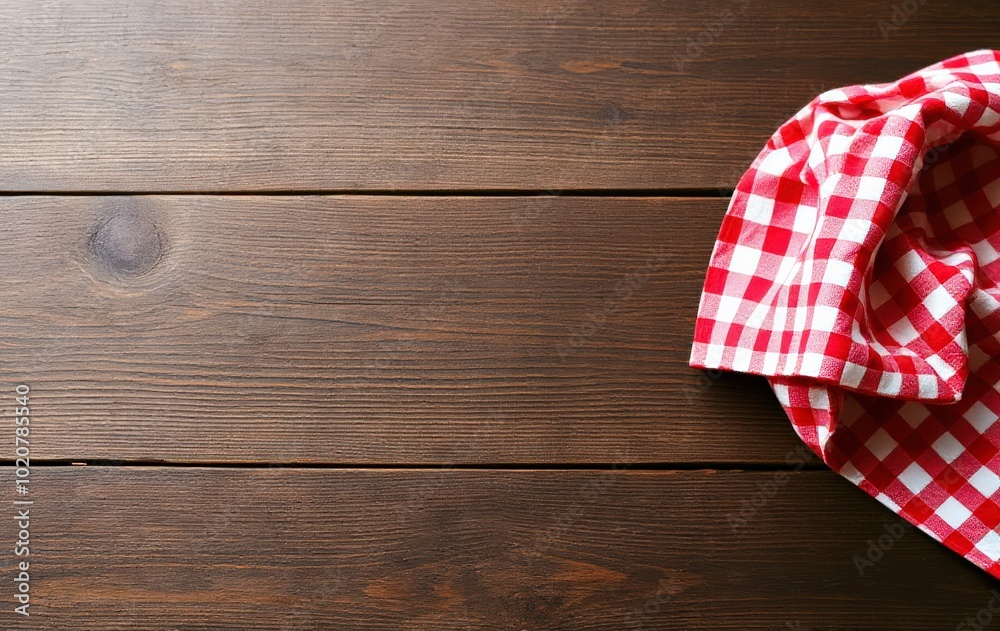 Red Checkered Tablecloth on a Wooden Surface Red Checkered Tablecloth on a Wooden Surface