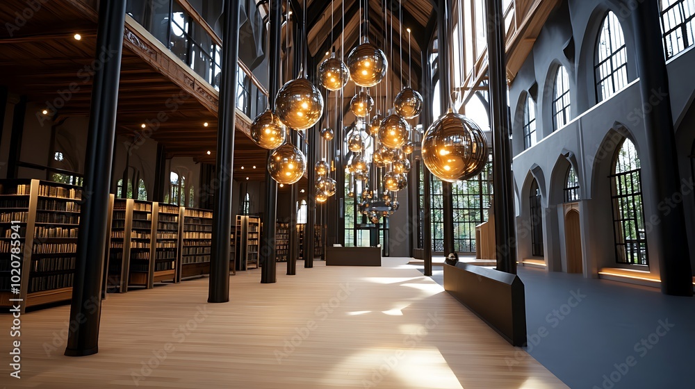 Fototapeta premium Modern Library Interior with Large Windows and Pendant Lights