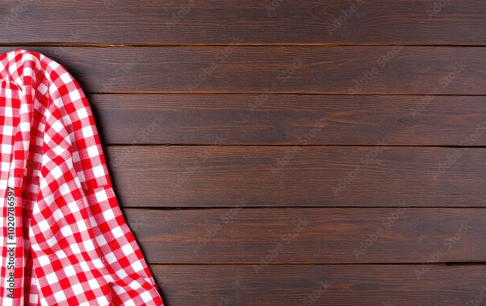 Red Checkered Tablecloth on a Wooden Surface