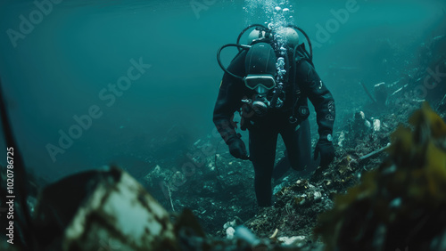 Diver exploring an underwater wreck site