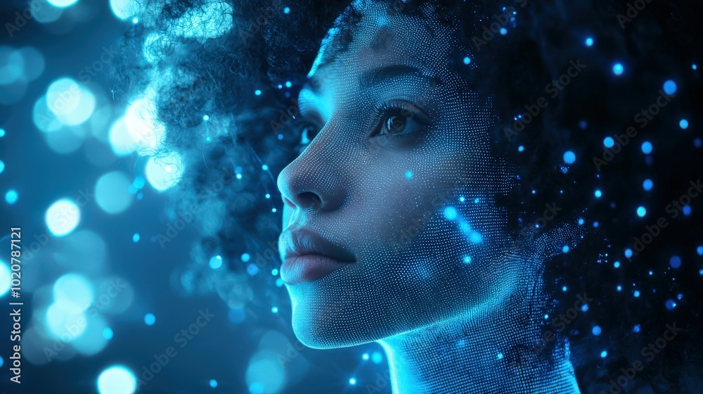 futuristic digital woman portrait with glowing particles futuristic digital woman portrait with glowing particles