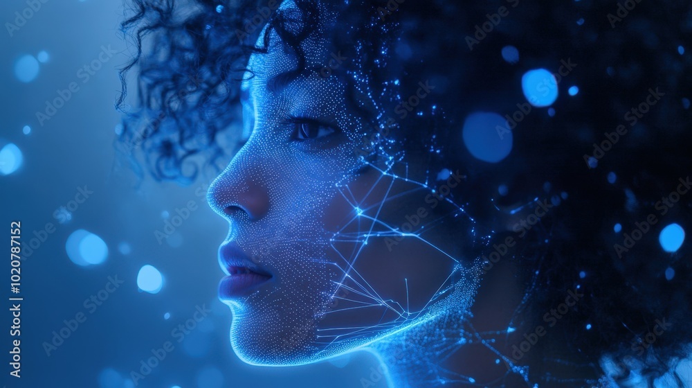 Futuristic digital face with glowing particles Futuristic digital face with glowing particles