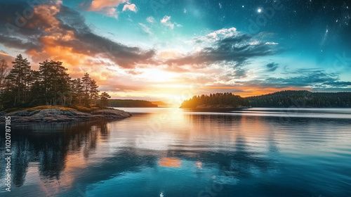 A serene sunset over an archipelago, stars beginning to appear in the evening sky, their soft glow reflected on calm waters. Rocky shores and forests frame the tranquil scene.