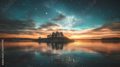 A serene sunset over an archipelago, stars beginning to appear in the evening sky, their soft glow reflected on calm waters. Rocky shores and forests frame the tranquil scene.