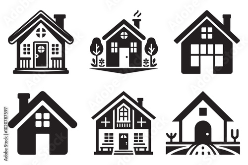 Black Silhouette Icon Set Residential Buildings and Homes Vector