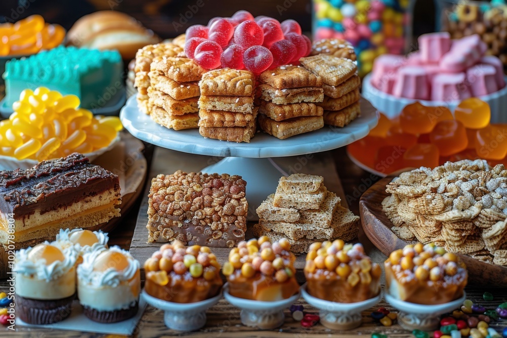 An elaborate dessert spread featuring cakes, cookies, candies, and pastries arranged on a table, showcasing a variety of festive and gourmet treats.
An elaborate dessert spread featuring cakes, cookies, candies, and pastries arranged on a table, showcasing a variety of festive and gourmet treats.