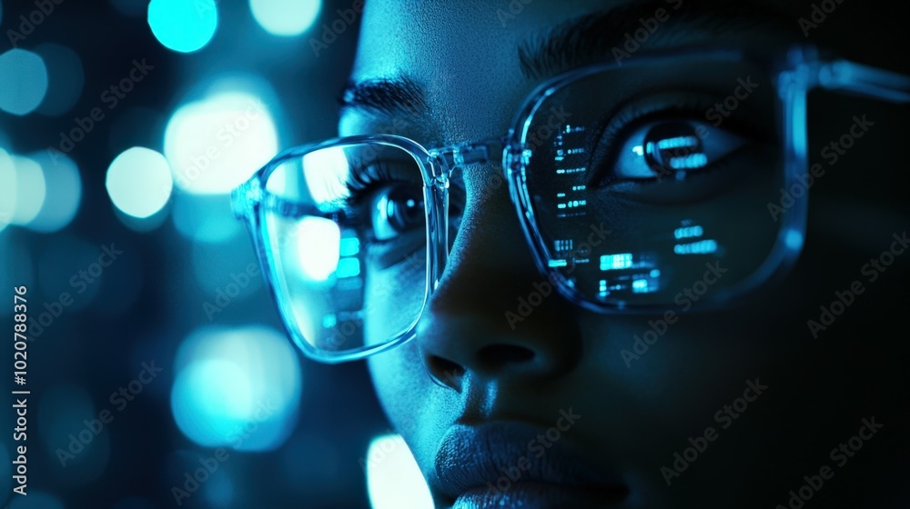 close-up of person wearing glasses with digital interface reflected close-up of person wearing glasses with digital interface reflected