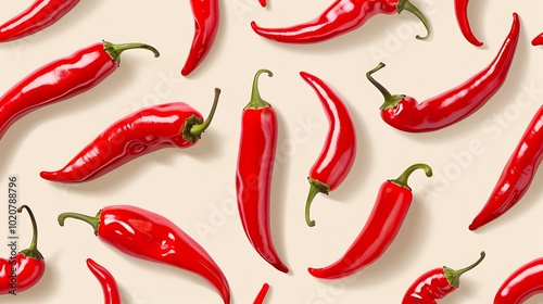 Red hot chili peppers on beige background. Seamless pattern.