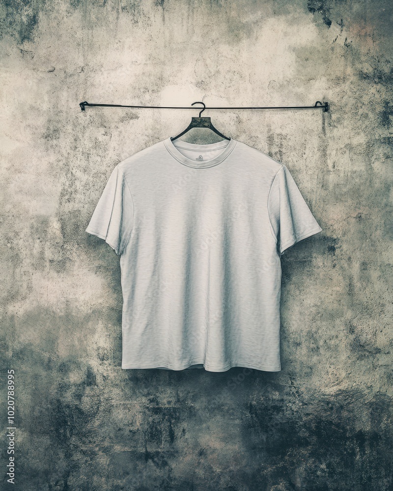 simple white t-shirt hanging on a metal hanger against a grunge wall simple white t-shirt hanging on a metal hanger against a grunge wall