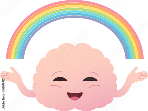 Happy healthy brain character with rainbow vector illustration. Mental health concept with mascot showimg positive emotion.