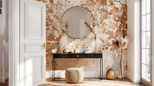 home interior design. Chic entryway with a bold wallpaper accent and minimalist console table.