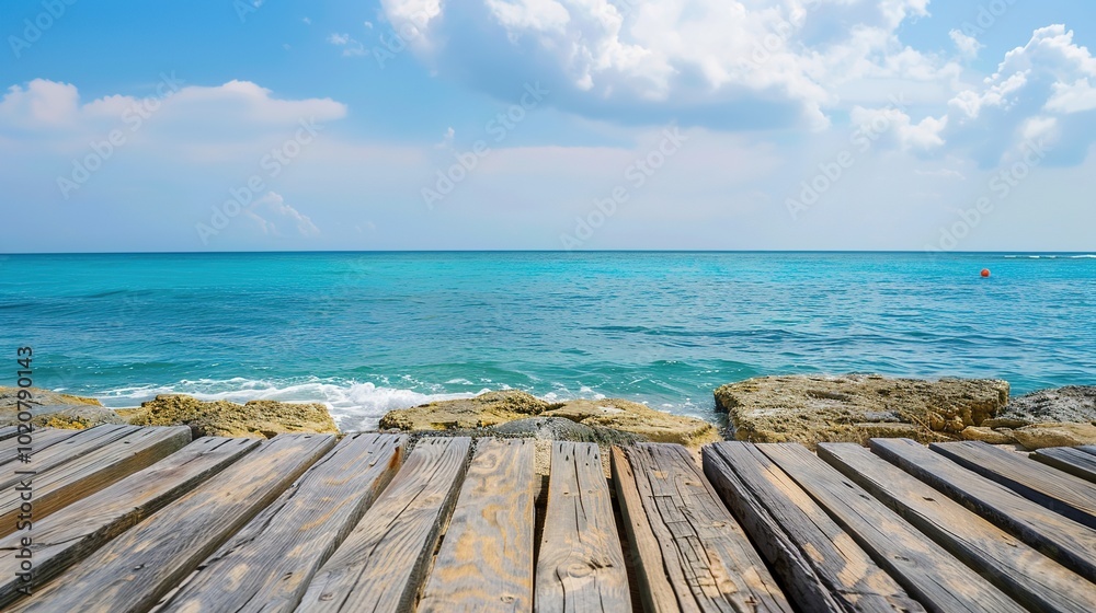 Calm sea horizon view from a weathered wooden platform, evoking tranquility Calm sea horizon view from a weathered wooden platform, evoking tranquility