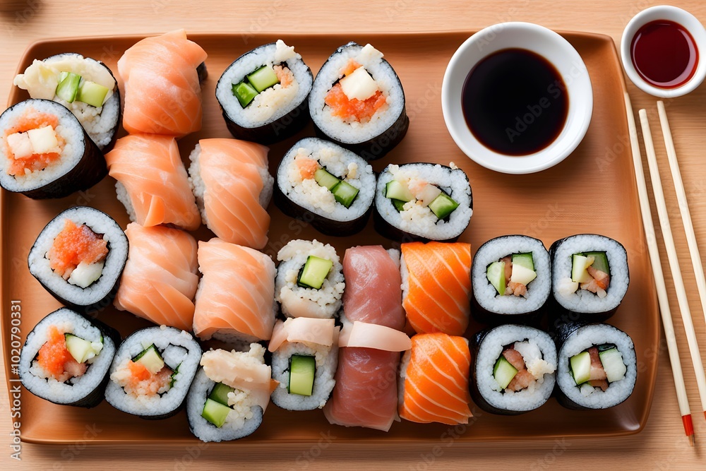 A colorful plate of sushi rolls with varieties like california rolls spicy tuna rolls, Ai Generated A colorful plate of sushi rolls with varieties like california rolls spicy tuna rolls, Ai Generated