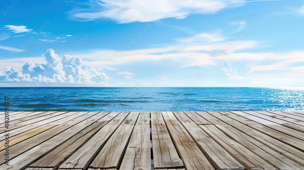 Calm sea horizon view from a weathered wooden platform, evoking tranquility Calm sea horizon view from a weathered wooden platform, evoking tranquility