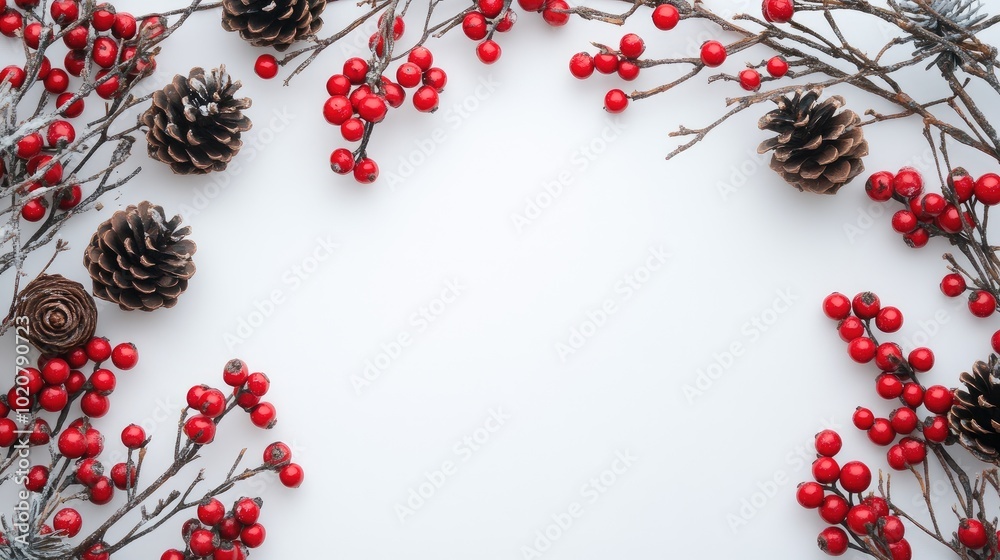 Christmas border with bright red berries and pine cones framing a blank copy space on a white surface. Ideal for holiday greetings or festive promotions. Christmas border with bright red berries and pine cones framing a blank copy space on a white surface. Ideal for holiday greetings or festive promotions.