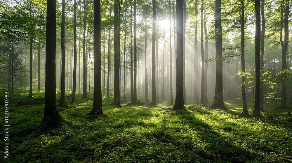 lush green forest landscape in the morning mist, with tall trees and sunlight filtering through the canopy lush green forest landscape in the morning mist, with tall trees and sunlight filtering through the canopy