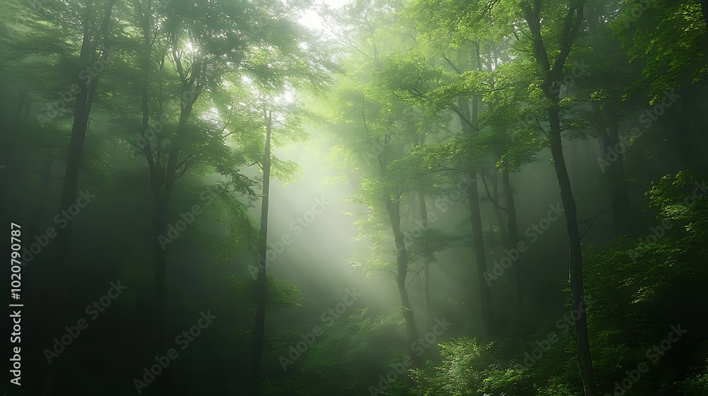 Fototapeta premium lush green forest landscape in the morning mist, with tall trees and sunlight filtering through the canopy