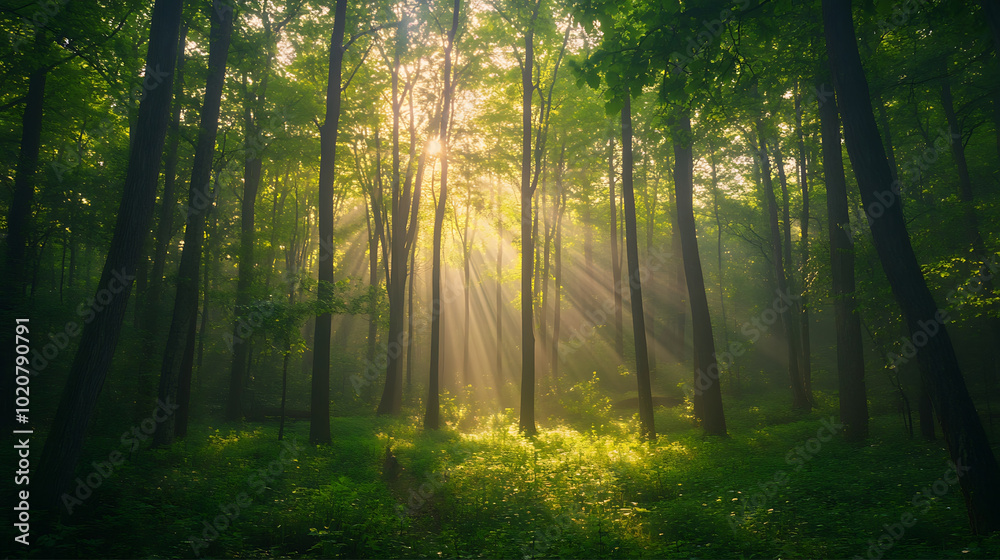Fototapeta premium lush green forest landscape in the morning mist, with tall trees and sunlight filtering through the canopy