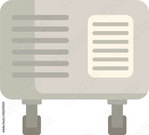 Gray electric heater with temperature control panel is standing on the floor and heating room