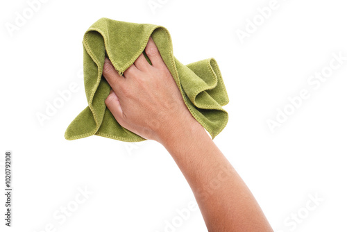 Hand holding green duster microfiber cloth used for cleaning isolated on white background