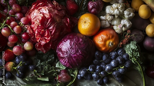 A Still Life Arrangement of Fresh Fruits, Vegetables, and Garlic photo