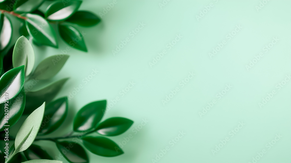 Vibrant green foliage gracefully adorns a serene mint backdrop, providing a refreshing and peaceful vibe perfect for nature-inspired designs or wellness themes Vibrant green foliage gracefully adorns a serene mint backdrop, providing a refreshing and peaceful vibe perfect for nature-inspired designs or wellness themes
