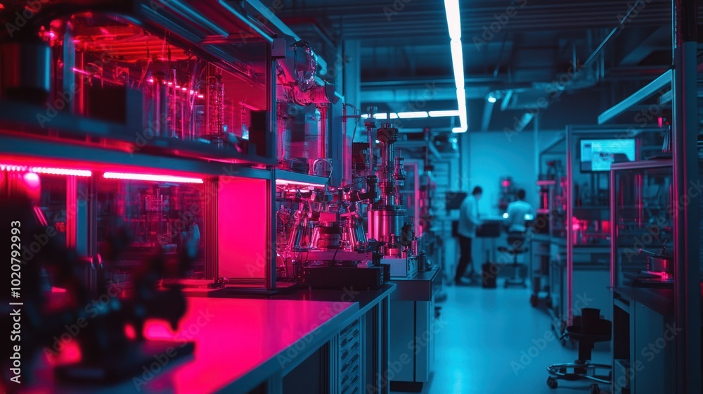 Modern Laboratory Interior with Neon Lights and Scientific Equipment Modern Laboratory Interior with Neon Lights and Scientific Equipment