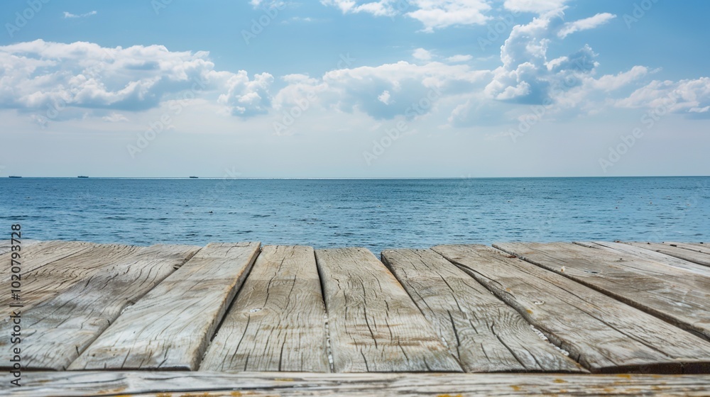 Calm sea horizon view from a weathered wooden platform, evoking tranquility Calm sea horizon view from a weathered wooden platform, evoking tranquility