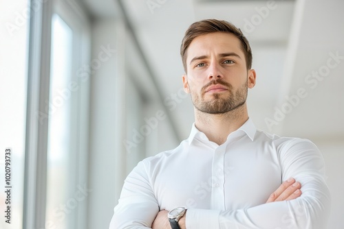 Confident man in a white shirt standing with arms crossed in an office environment.