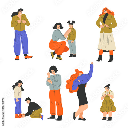People Character Dress Up Put On Clothes Vector Set