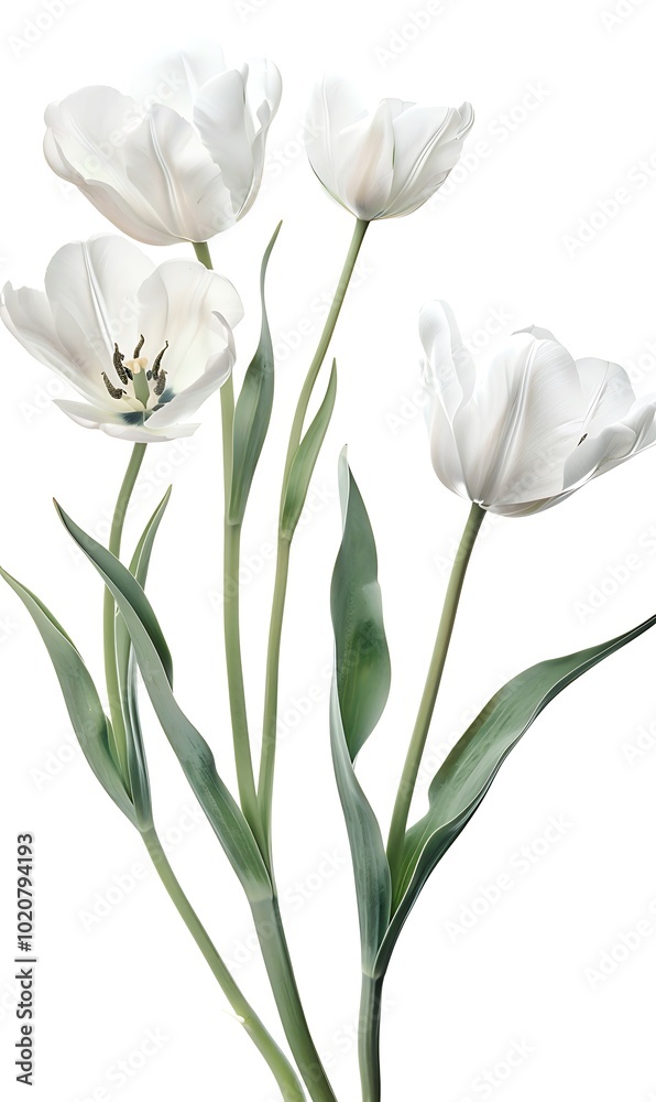 White tulips isolated on white background. Clipping path included.