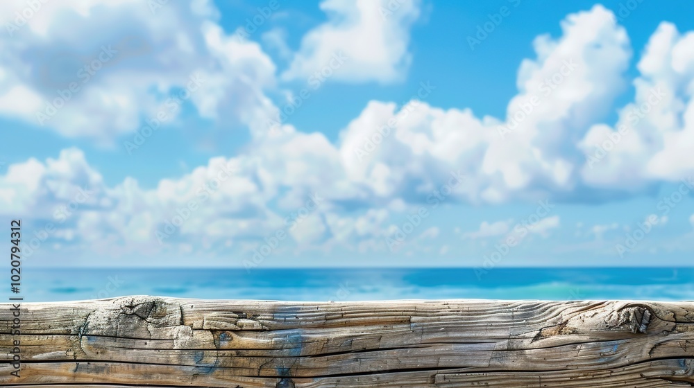 Calm sea horizon view from a weathered wooden platform, evoking tranquility Calm sea horizon view from a weathered wooden platform, evoking tranquility