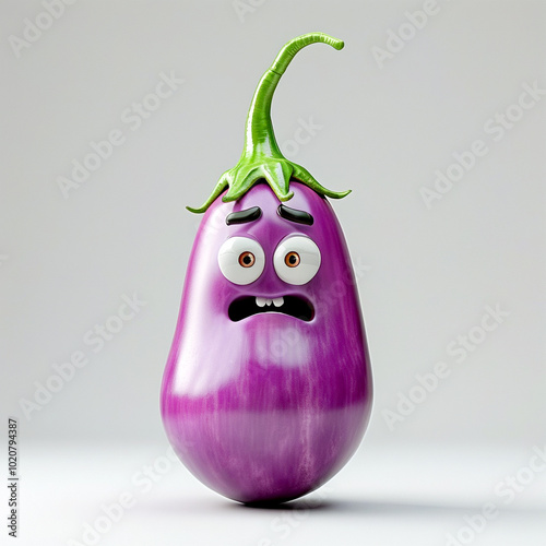 Emotional eggplant with expressive features and dramatic eyes on a minimalistic background photo