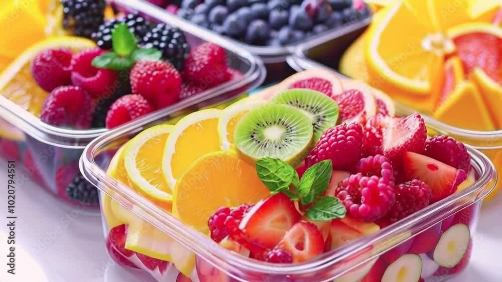 A vibrant assortment of fresh fruits in clear containers, perfect for healthy snacking. A vibrant assortment of fresh fruits in clear containers, perfect for healthy snacking.