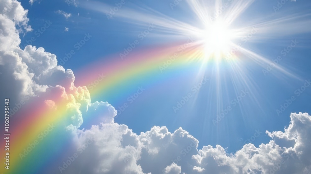Bright sun shining through colorful rainbow in cloudy sky
