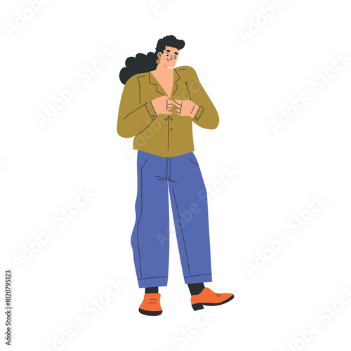 Woman Character Dress Up Put On Clothes Button Blouse Vector Illustration