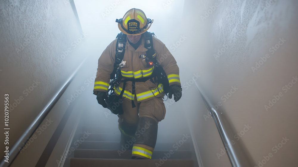 Brave firefighter descending smoke-filled stairs, wearing protective gear, showcasing dedication and courage in emergency response situations.