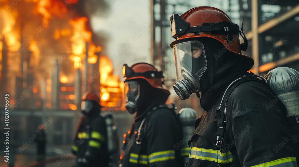 Fototapeta premium Brave firefighters in protective gear stand amidst a blazing inferno, showcasing courage and commitment to public safety in emergency situations.