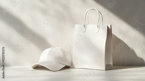 white shopping bag and baseball cap on plain background