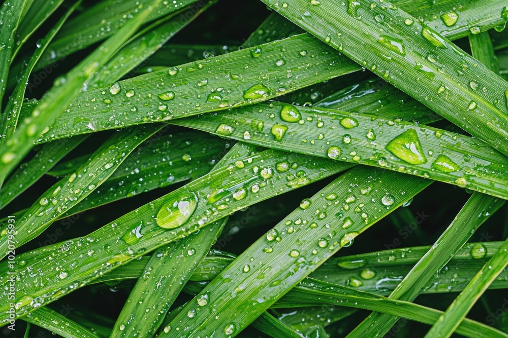 Dewdrops on Intertwined Green Grass Blades