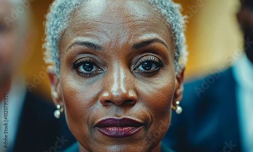 close up of a black businesswoman with blue eyes in a modern office photo