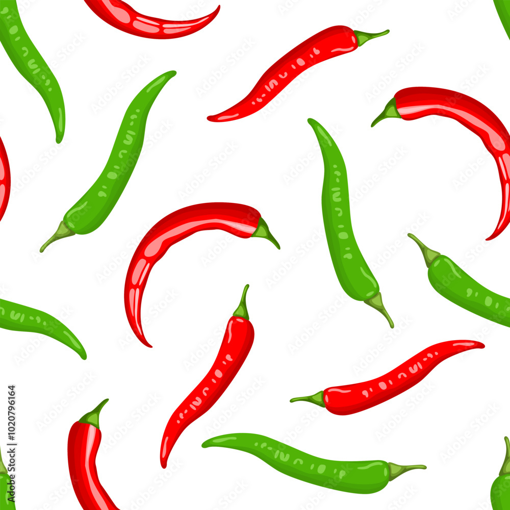 Seamless pattern with green and red chili pepper. Spicy spice background. Vector cartoon flat illustration. Seamless pattern with green and red chili pepper. Spicy spice background. Vector cartoon flat illustration.