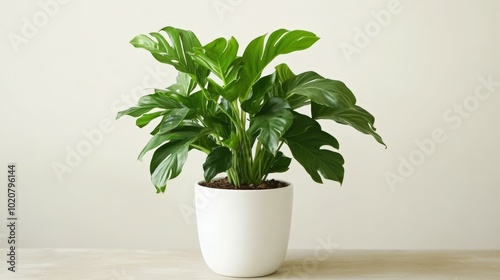 lush tropical houseplant in white pot