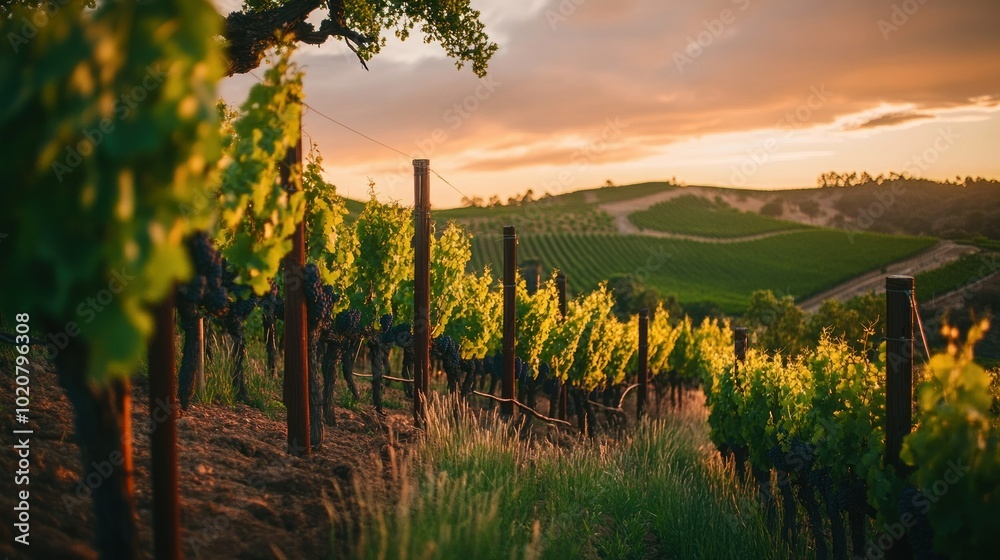 Fototapeta premium Vineyard Rows Bathed in Golden Sunset Light