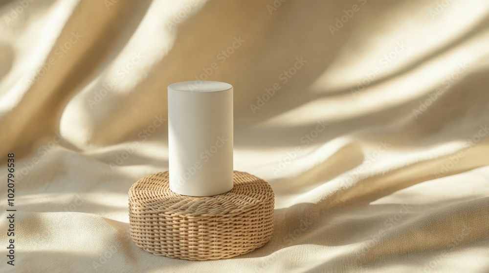 Naklejka premium minimalist white candle on woven rattan stand