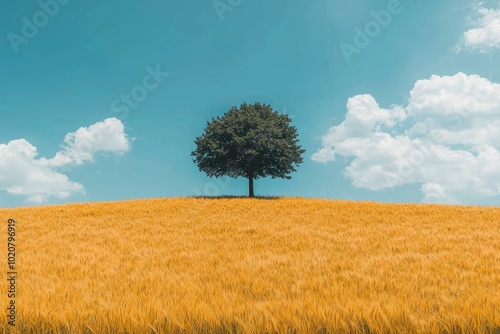 A solitary tree stands tall on a golden field under a bright blue sky. photo